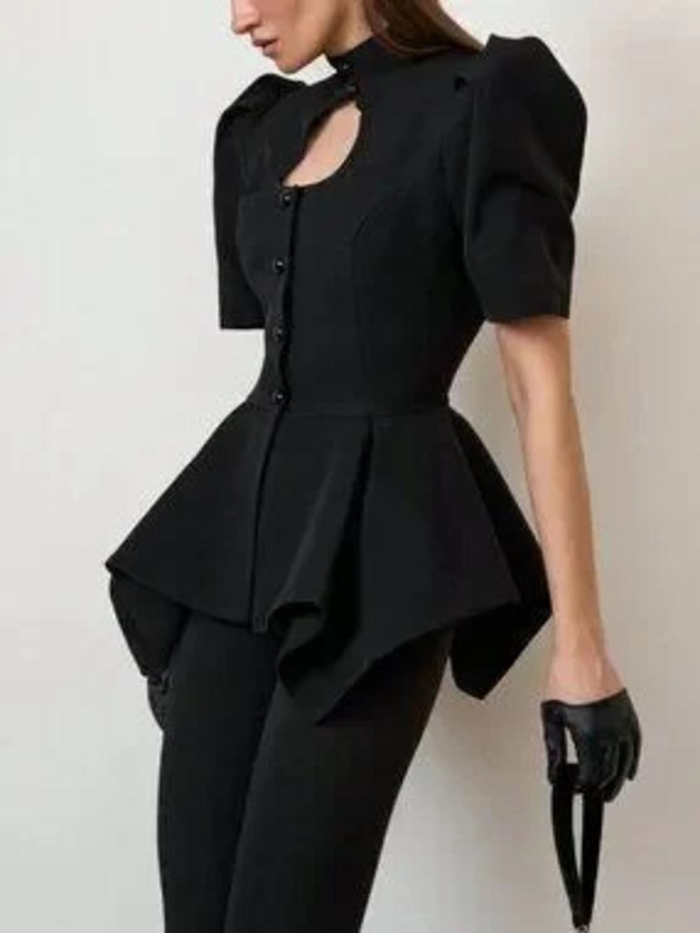 Black Elegant Women's High Neck Keyhole Peplum Blazer